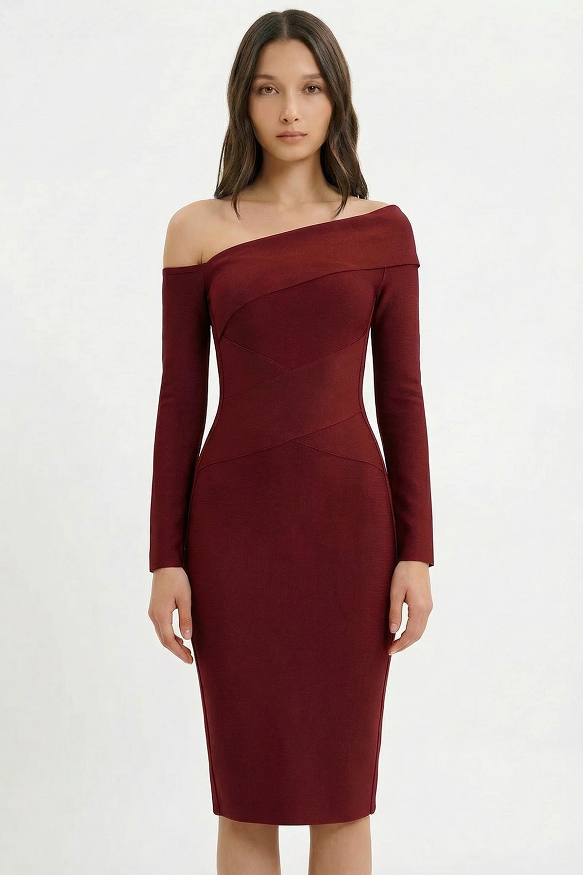 Off-Shoulder Draped Bandage Midi Dress