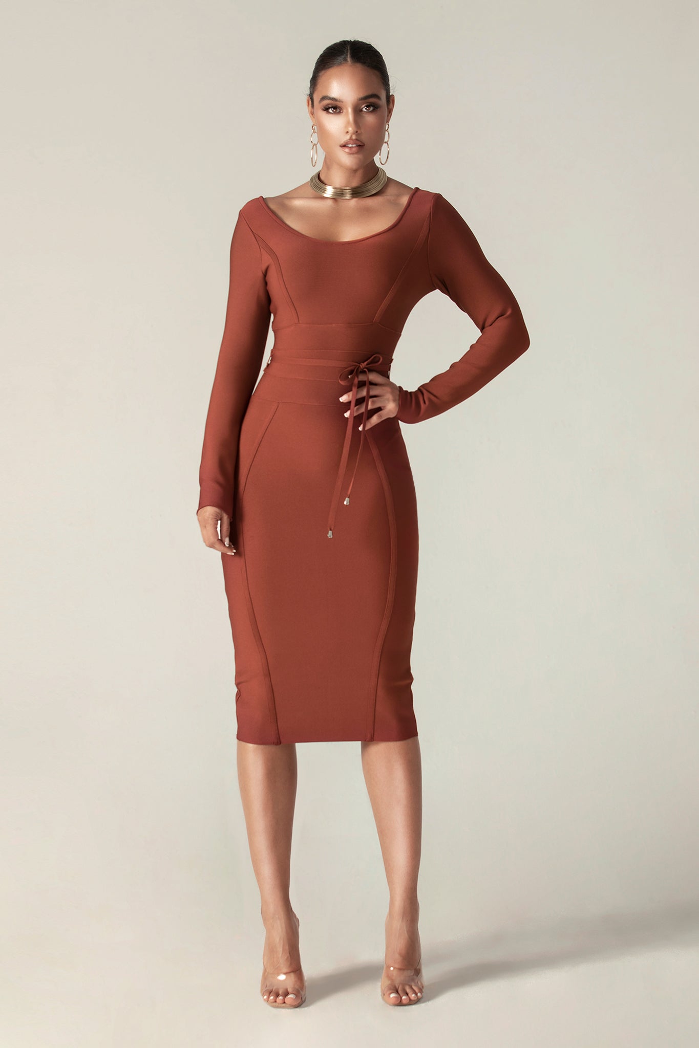Scoop Neck Wrap Bandage Midi Dress