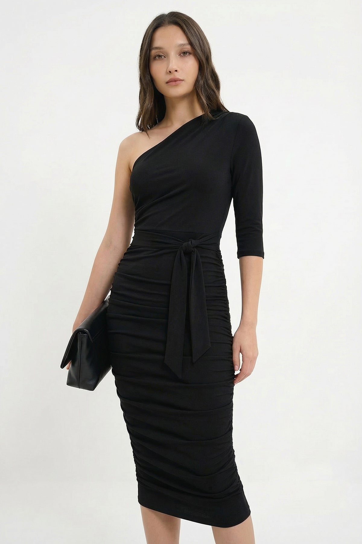 One-Sleeve Draped Bodycon Dress