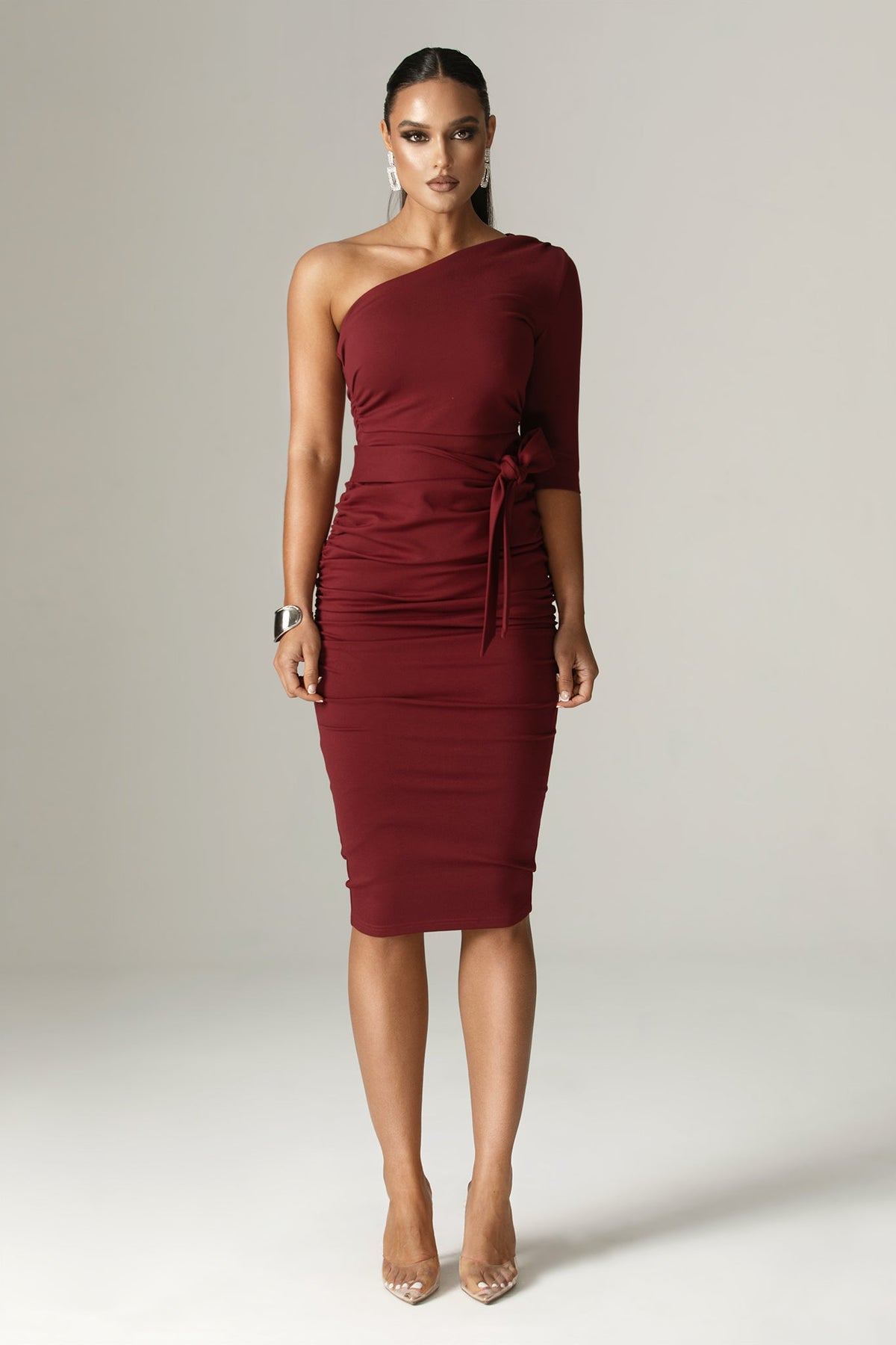 One-Sleeve Draped Bodycon Dress