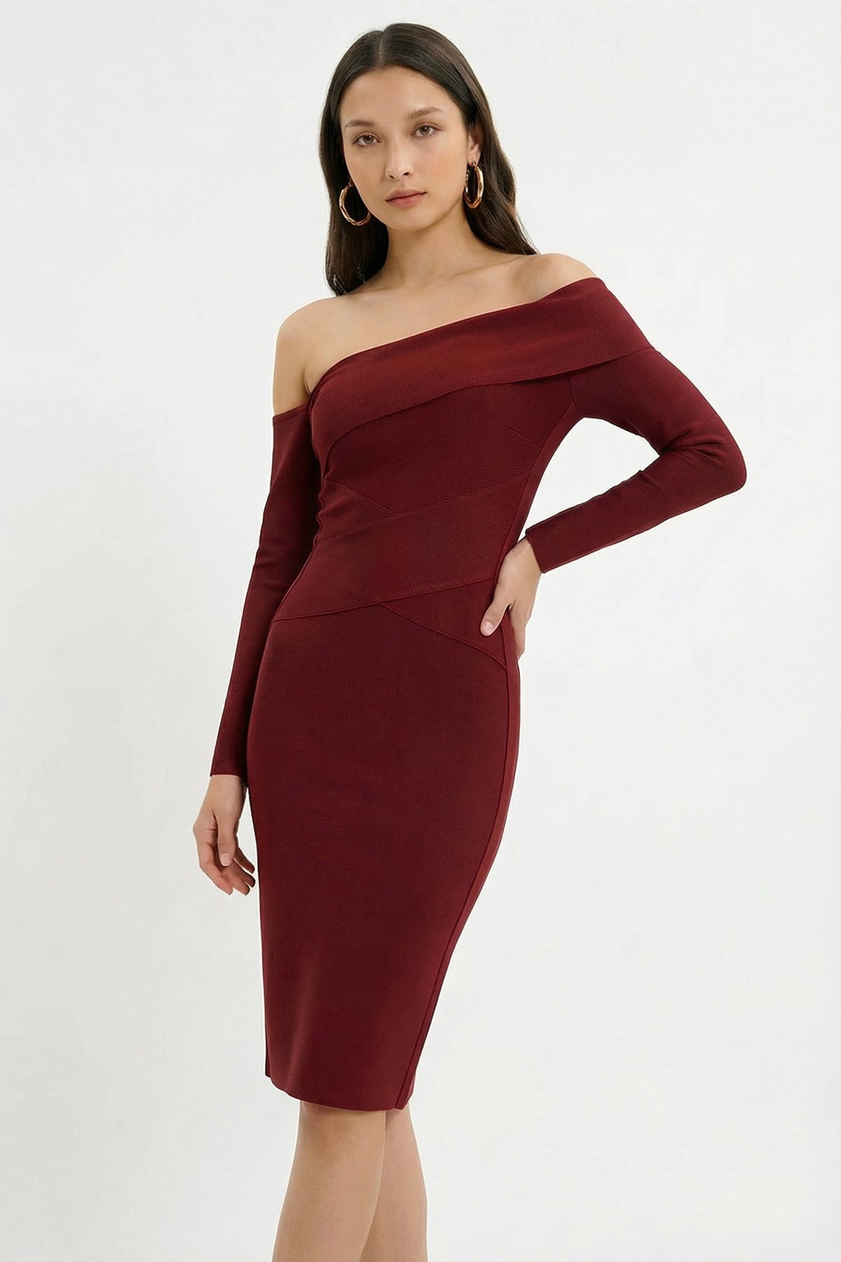Off-Shoulder Draped Bandage Midi Dress