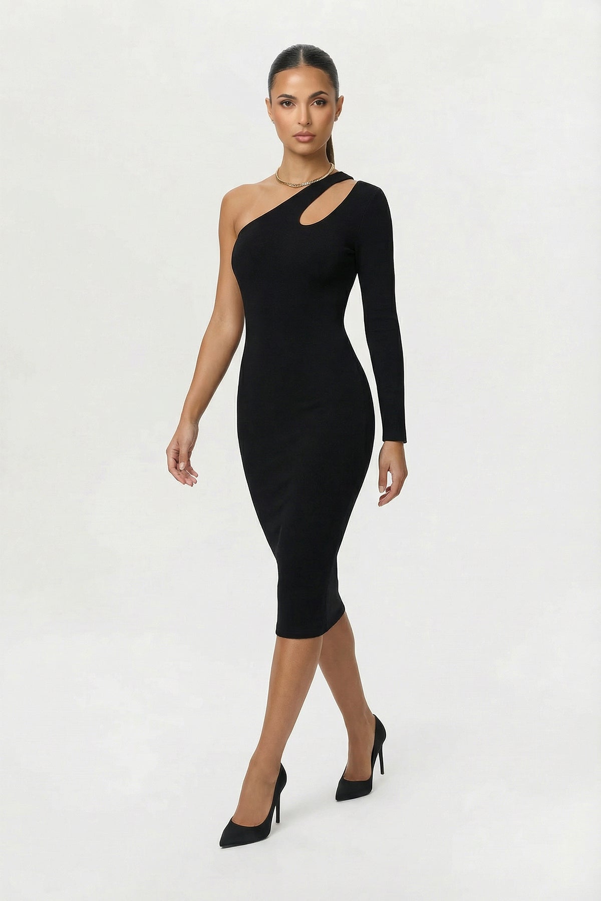 Asymmetric One-Sleeve Cutout Midi Dress