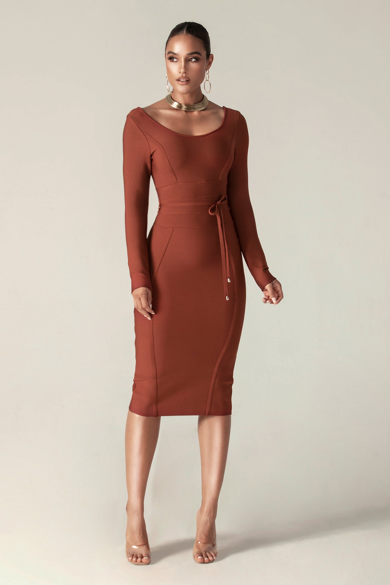 Scoop Neck Wrap Bandage Midi Dress