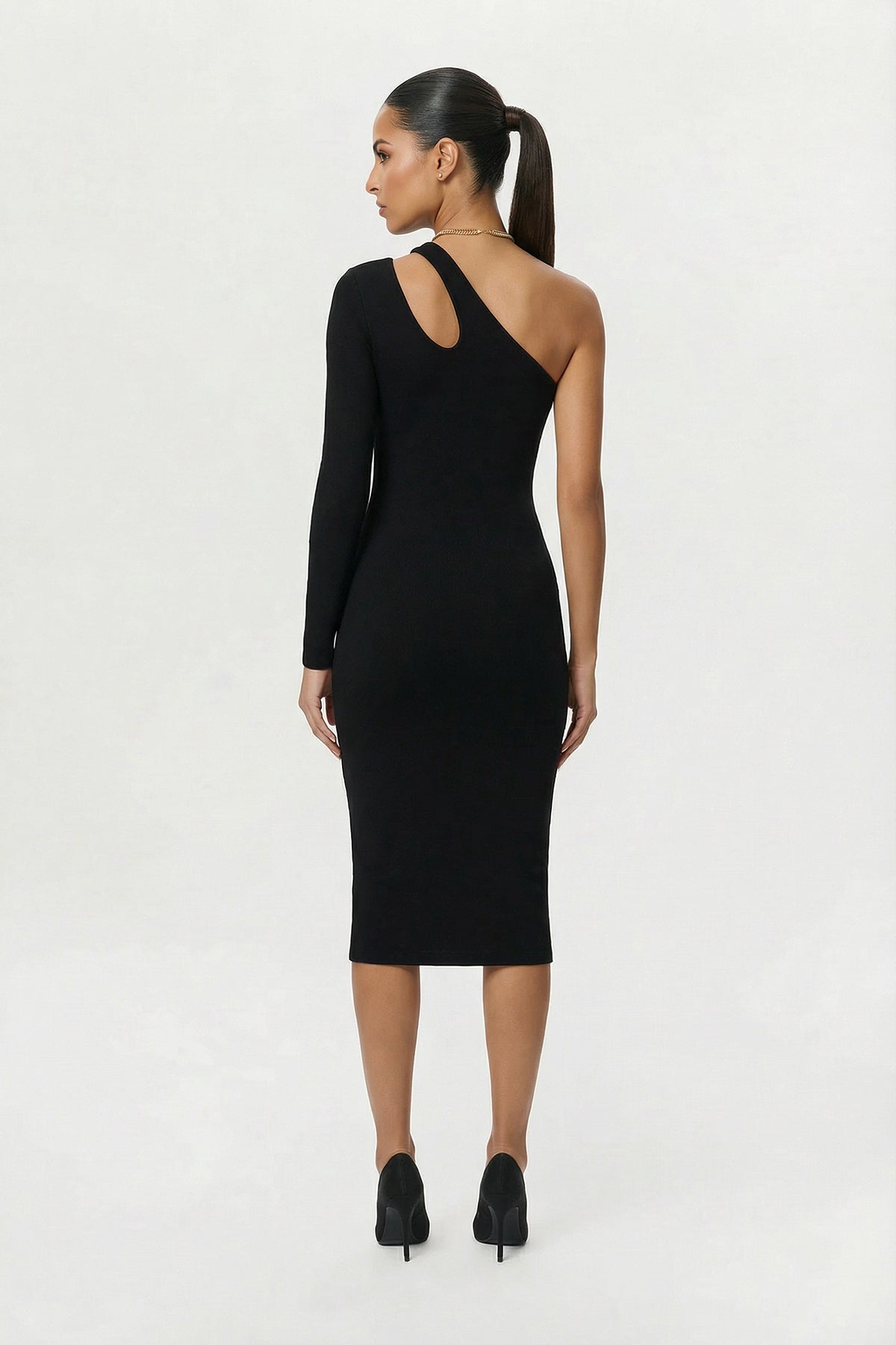 Asymmetric One-Sleeve Cutout Midi Dress
