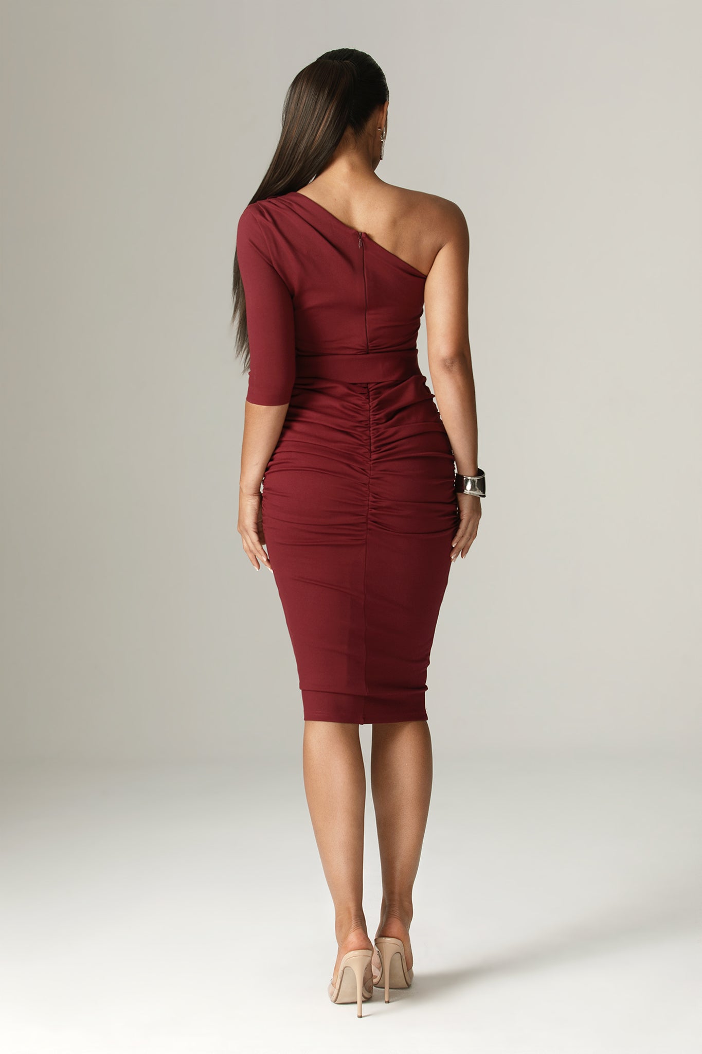 One-Sleeve Draped Bodycon Dress