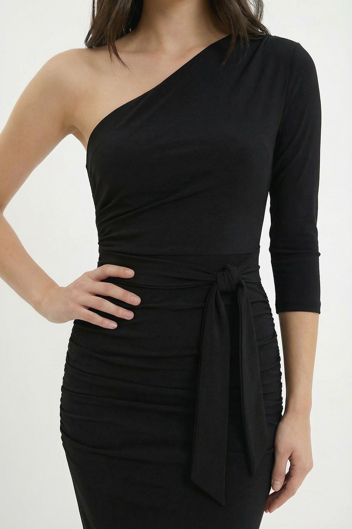 One-Sleeve Draped Bodycon Dress