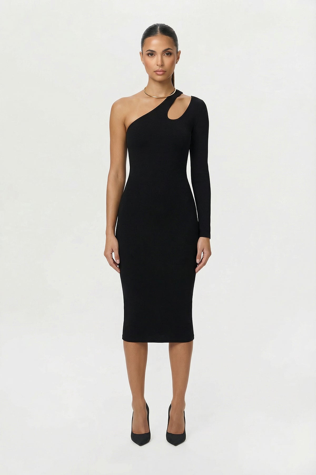 Asymmetric One-Sleeve Cutout Midi Dress